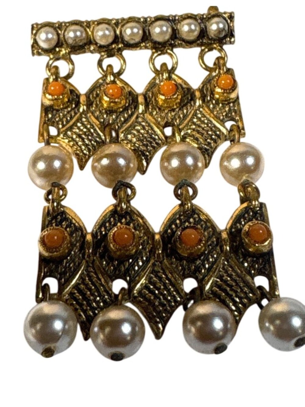 Gold Tone Brooch With Faux Pearls & Orange Accents Dangling Design Elegant